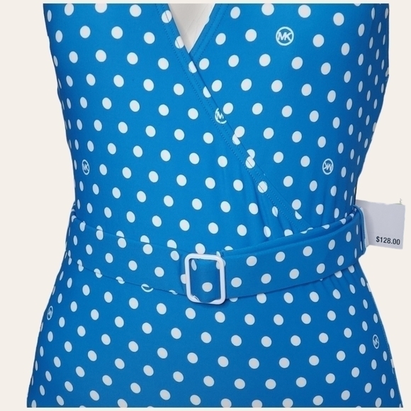 MICHAEL KORS blue Dot Belted Halter One-Piece Swimsuit Size 8 - Picture 6 of 8